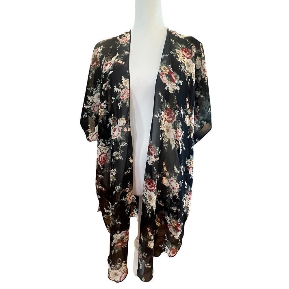 TRY THIS COVER UP BLACK SHEER FLORAL FLOWY WOMENS SIZE SMALL